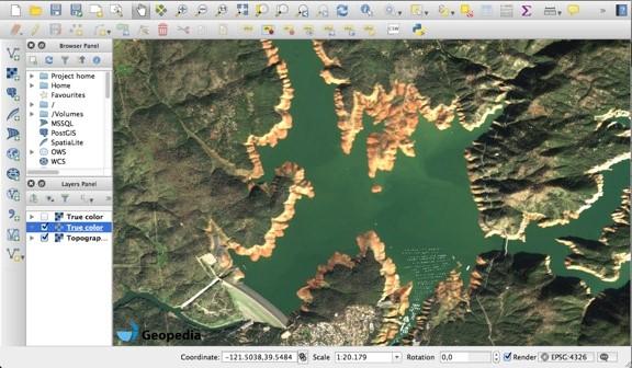 ow water levels of Lake Oroville, US, 26th of January 2016, served via WMS in QGIS ow water levels of Lake Oroville, US, 26th of January 2016, served via WMS in QGIS