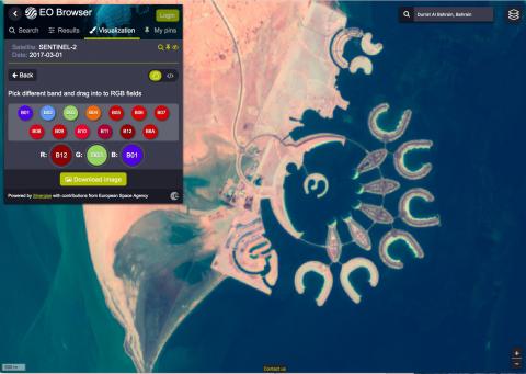 Durrat Al Bahrain, Bahrain - The user can apply different pre-installed and custom spectral band combinations to highlight and visualise any data type on the image. Different variety of bands are useful in agriculture, vegetation studies, maritime monitoring and analysis, natural disasters management and more.