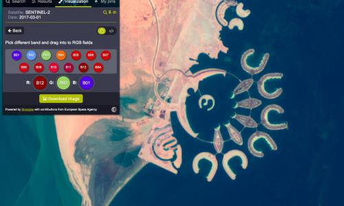 Durrat Al Bahrain, Bahrain - The user can apply different pre-installed and custom spectral band combinations to highlight and visualise any data type on the image. Different variety of bands are useful in agriculture, vegetation studies, maritime monitoring and analysis, natural disasters management and more.